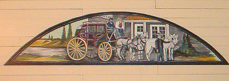 The erstwhile Wells Fargo stagecoach is depicted in one of Michele de Onate's history-themed tableau